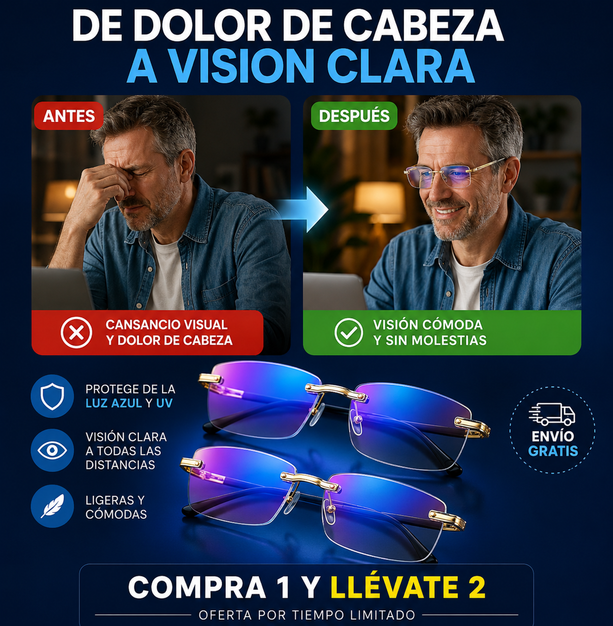 ¡Compra 1 y llévate 2 Gafas Multifocales Premium™! | 3 en 1 con Protección Luz Azul